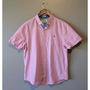 Original Penguin Mens L Large Red White Gingham Check Short Sleeve Shirt Slim